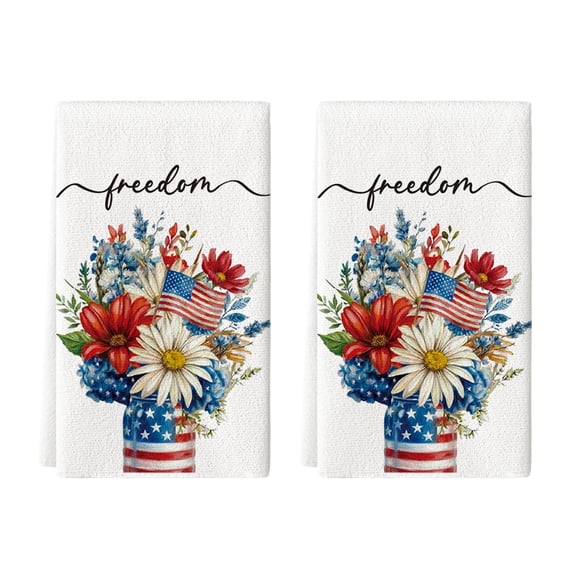 Sm:)e Stripes Colorful Flowers Vases Stars Fireworks Patriotic America 4th of July Kitchen Towels Dish Towels, 18x26 Inch Memorial Day Decoration Hand Towels Set of 2