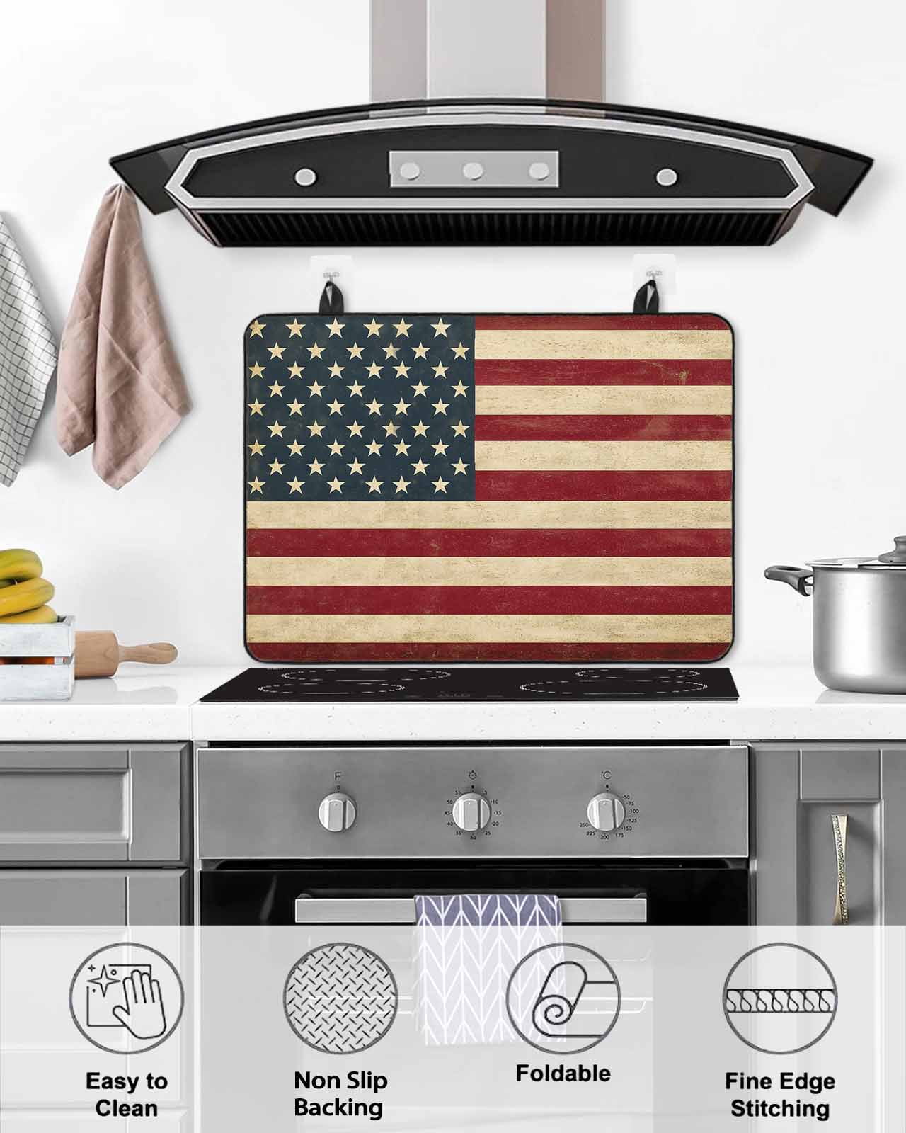 nqOlkjepod Large Induction Cooktop Protector Mat 28.5"x20.5", American Flag Stove Top Covers for Electric Stove, Vintage Red BlueUSA Flag Decorative Stove Burner Cover Mats, Glass Top Stove Cover