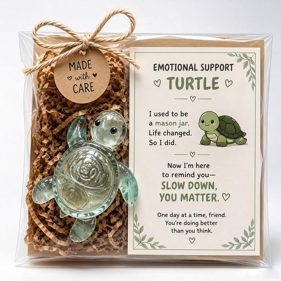 Original Recycled Glass Support Turtle with “Slow Down, You Matter” Card 3p | Handmade Ocean Desk Decor for Home Office, Nightstand, Bookshelf