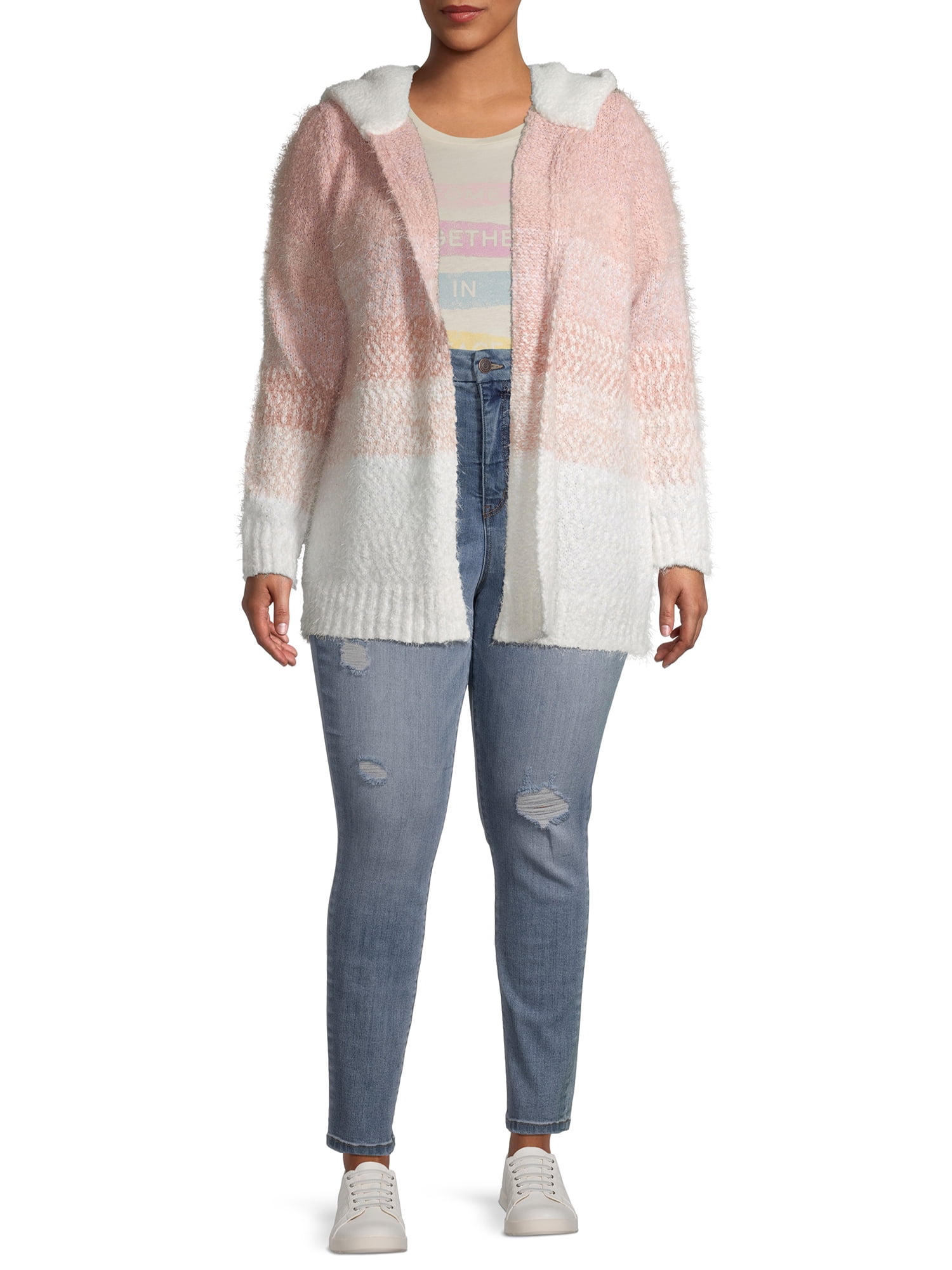 Absolutely Famous Women's Plus Size Ombre Stripe Super Soft Cardigan with  Faux Shearling Lined Hood