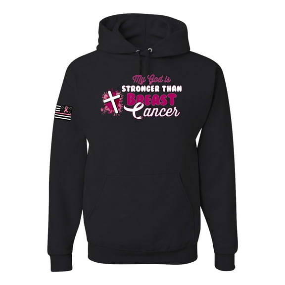 Wild Bobby My God is Stronger Than Breast Cancer Paint Splatter Cross US Flag Breast Cancer Awareness Unisex Hoodie Sweatshirt, Black, Small