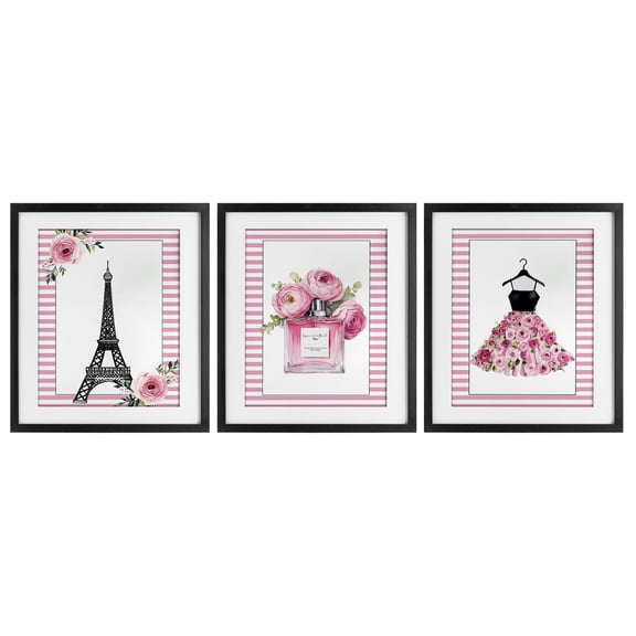 Parisian Glam with Stripes 3 Piece Black Framed Print Under Glass Set, design by Christine Simpson Art