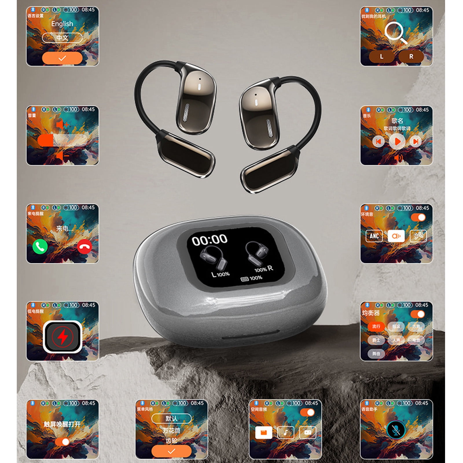 Smart Translation Earphones Wireless Earbuds, Circularite Ear Buds, Earbuds Screen Display, Wireless Earbuds Noise Reduction, High Sound Quality, Waterproof, for Sport