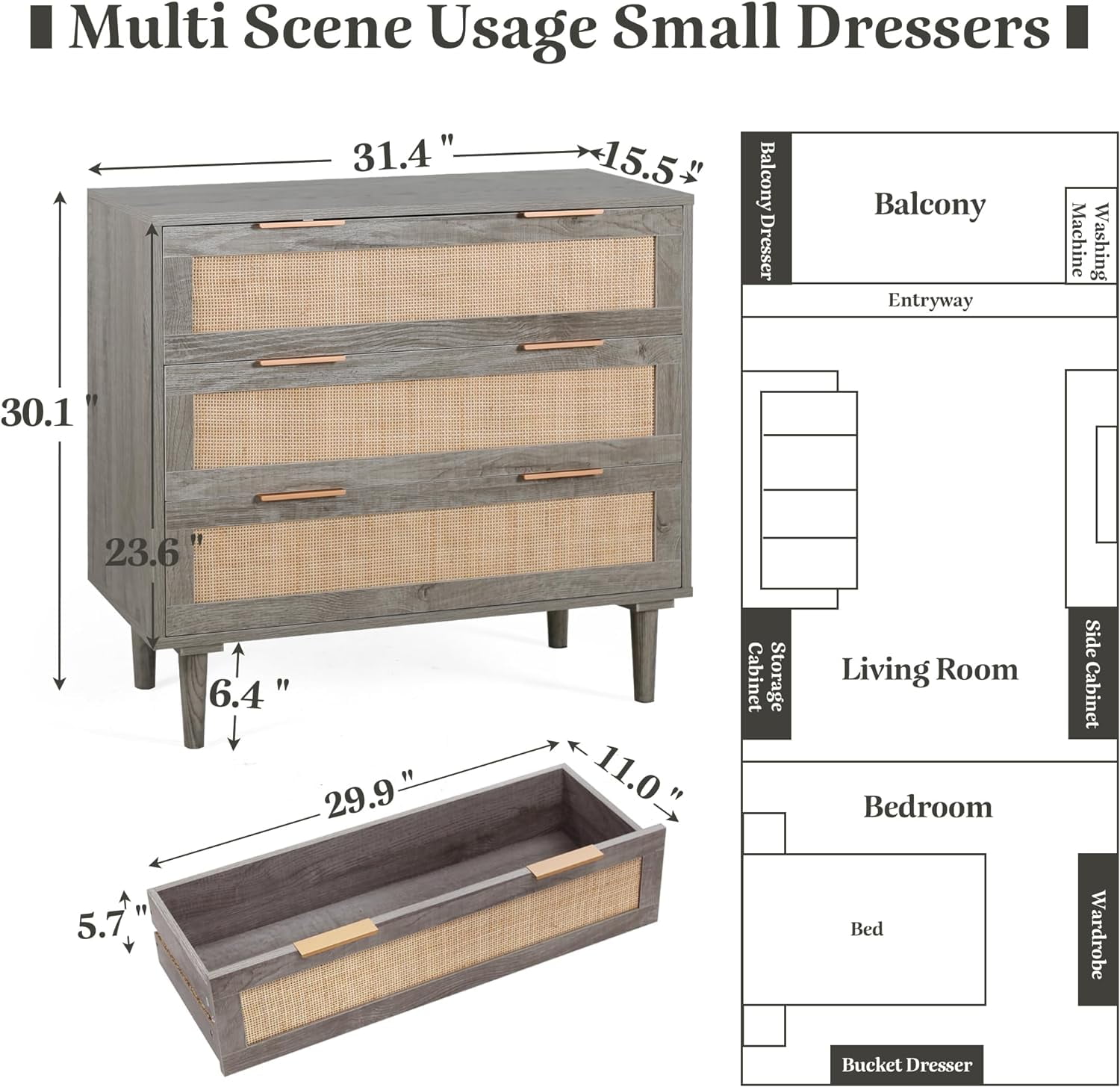 LAZZO 3 Modern Drawer Dresser Rattan, Wooden Dresser Chest of Large Storage Cabinet