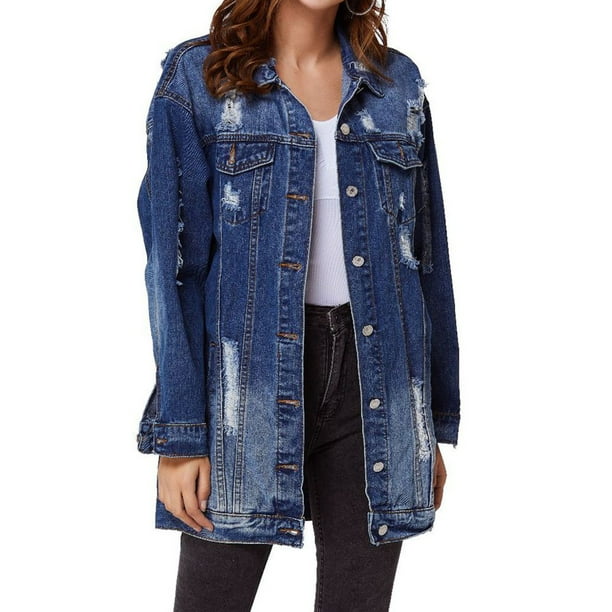 Chaqueta vaquera holgada de manga larga sin capucha y con solapa rasgada para mujer, abrigo largo de otoño para mujer