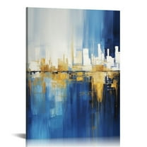 JEUXUS Indigo Blue and Gold Wall Art for Living Room Abstract Wall Decor Canvas Paintings Cityscape Modern Skyline Large Size Pictures Framed Artwork Bedroom Office