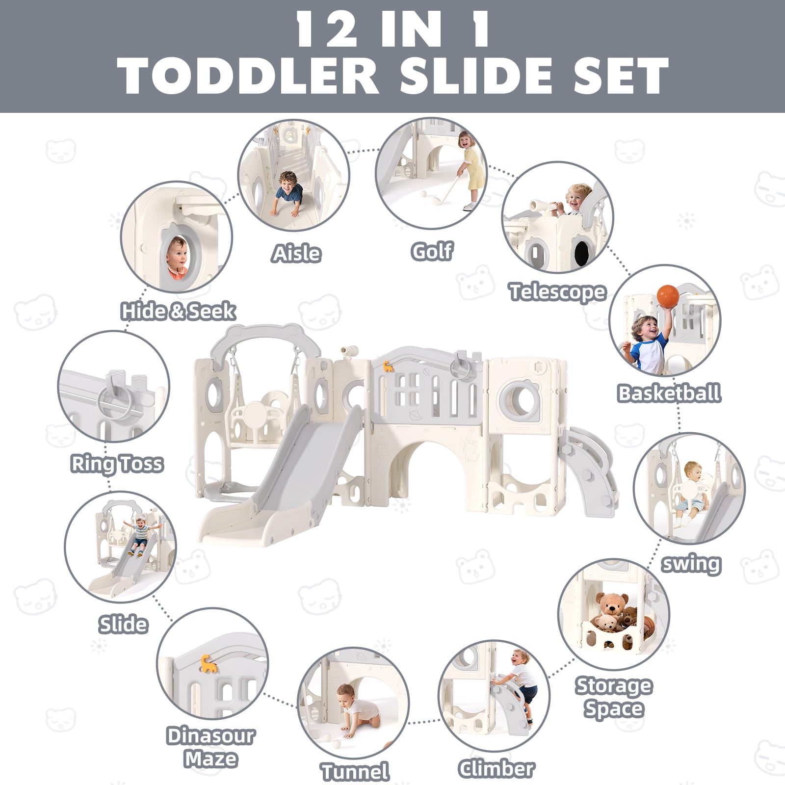 XJD 12 in 1 Toddler Slide and Swing Set - Baby Slide for Toddlers 1-3, Indoor Outdoor Toddler Playset Playground, Gray