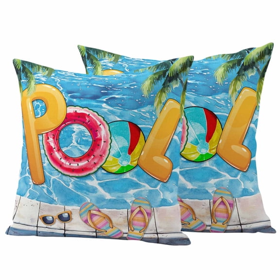 Blue Summer Pool Outdoor Waterproof Pillow Covers, Watermelon Swimming Ring Slippers Decorative Square Throw Pillowcase Sofa Cushion Sham for Patio/Couch/Chair, 16"x16" 2 Pack