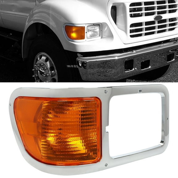 KOJEM RH Turn Signal Light Lamp w/Bezel, Fit for 2000-2015 Ford F650 F750,Right Headlight Bezel Trim Lens Chrome, Passenger Side Corner Signal Lights