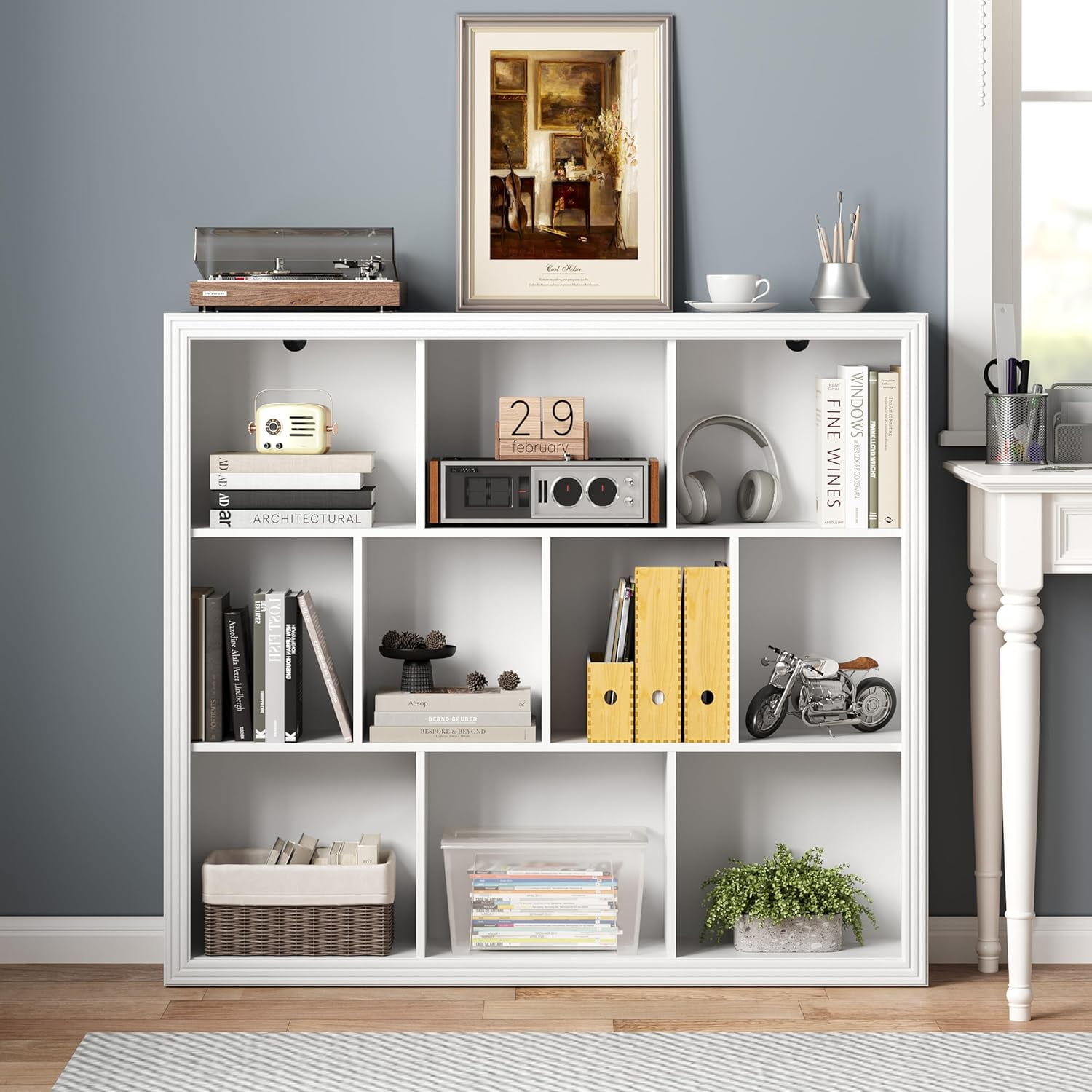 PUFFCAFE Book Shelf with 10-Cube,3 Tier Open Book Cases,Floor Standing 38" Tall bookshelf,Wooden Display Shelves,White Bookcase