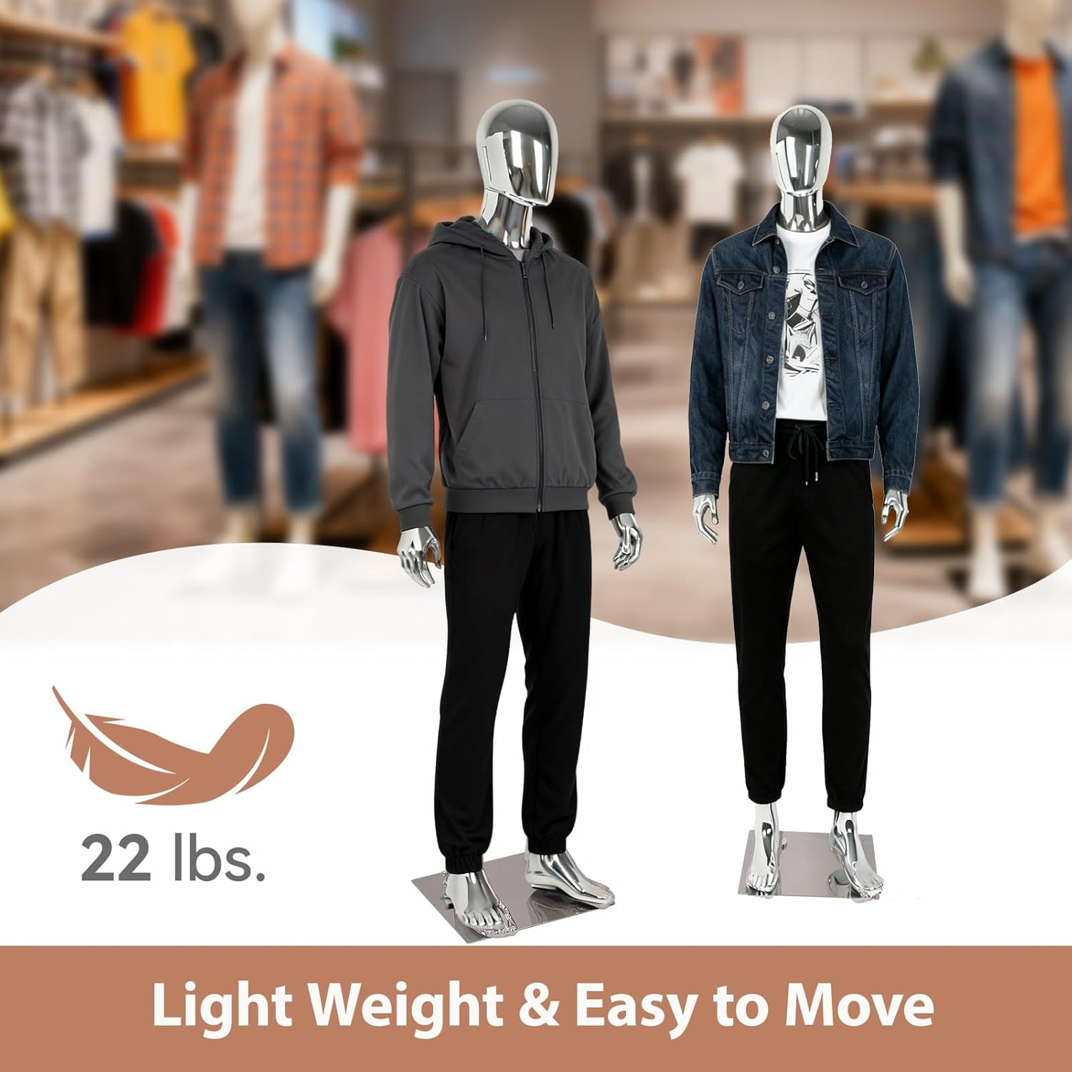 Kinbor 6Ft Silver Full Body Male Mannequin - Tall Male Mannequin with Stable Metal Base Dress Form Display with Adjustable Head and Arms, Detachable Manikins