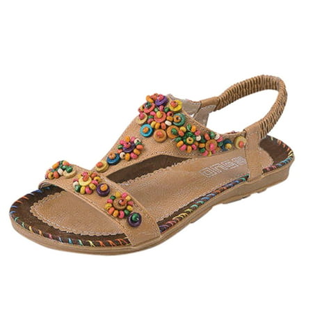 

iOPQO Women s sandals Women Ladies String Bead Casual Beach Shoes Sandals Ladies Floral Boho Beaded Loafers Brown 36