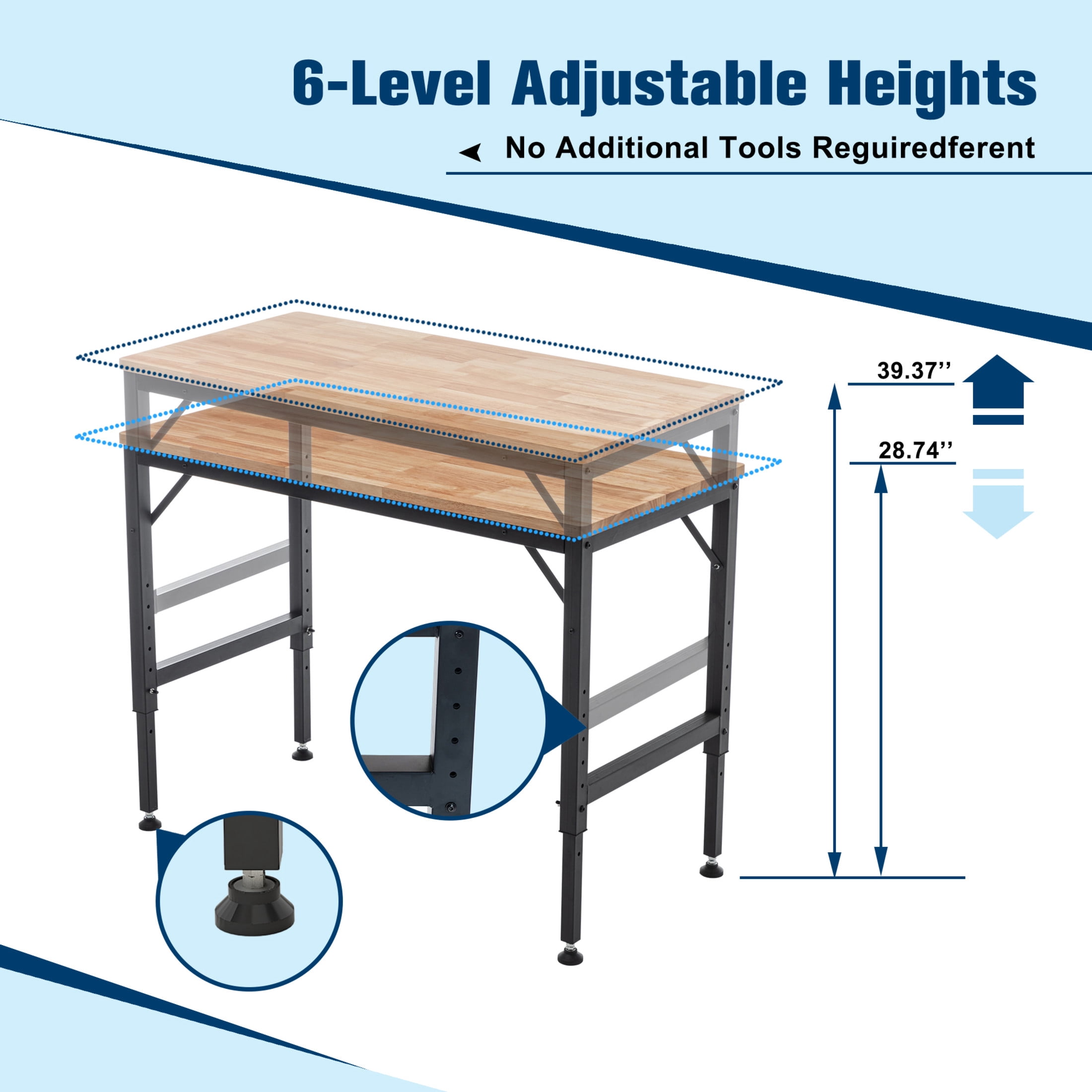 Noble House 48" Heavy-Duty Adjustable Workbench with Thick Rubber Wood Top, Hardwood Workstation, Black & Natural