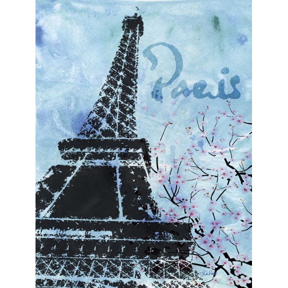 Trendy Contemporary Paris France Eiffel Tower on Blue With Cherry Blossom Print; One 11x14in Poster Print