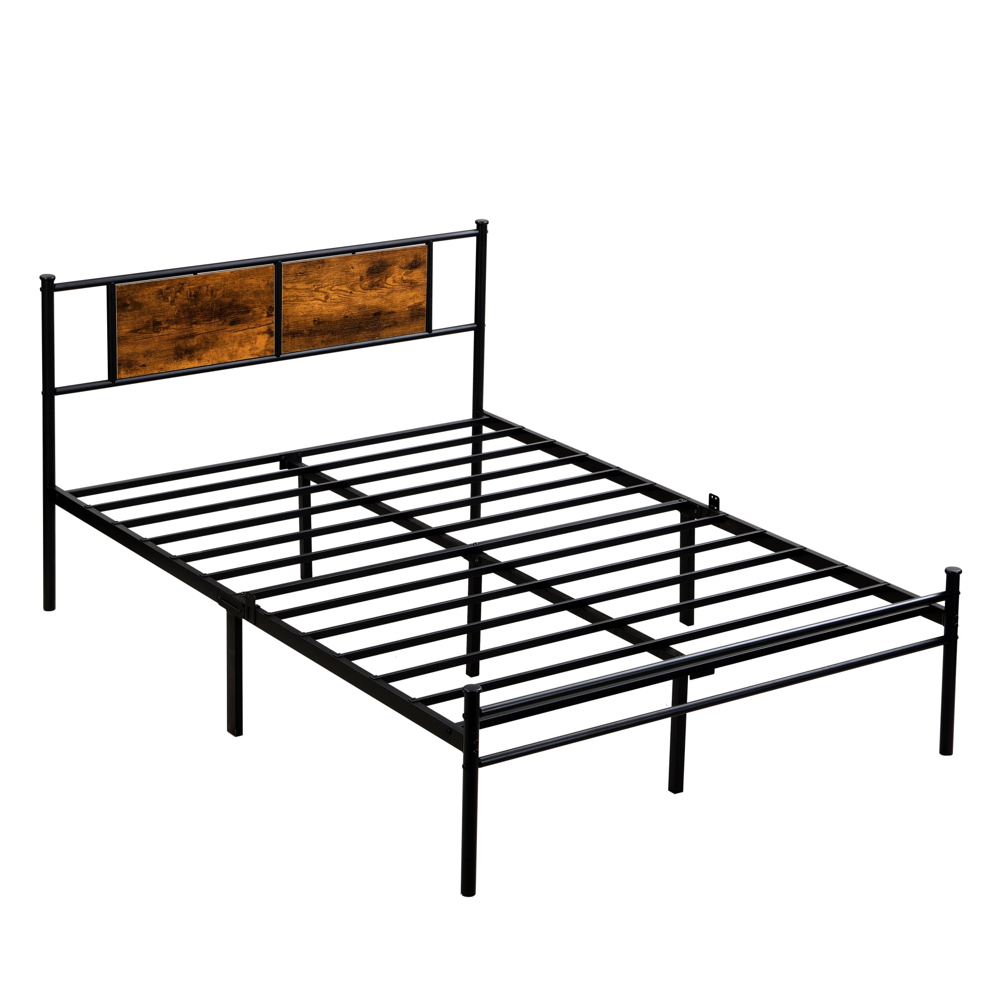 Leumius Full Size Bed Frame, Industrial Metal Platform Bed with Wooden Headboard,Black+Brown