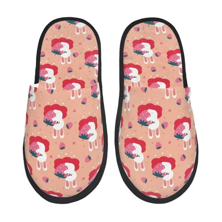 Balery Bunny And Strawberry Slient Indoor Furry Fleece Comfort House Shoes Soft Non-Slip Home Shoes Cotton slippers House Slippers-- Medium