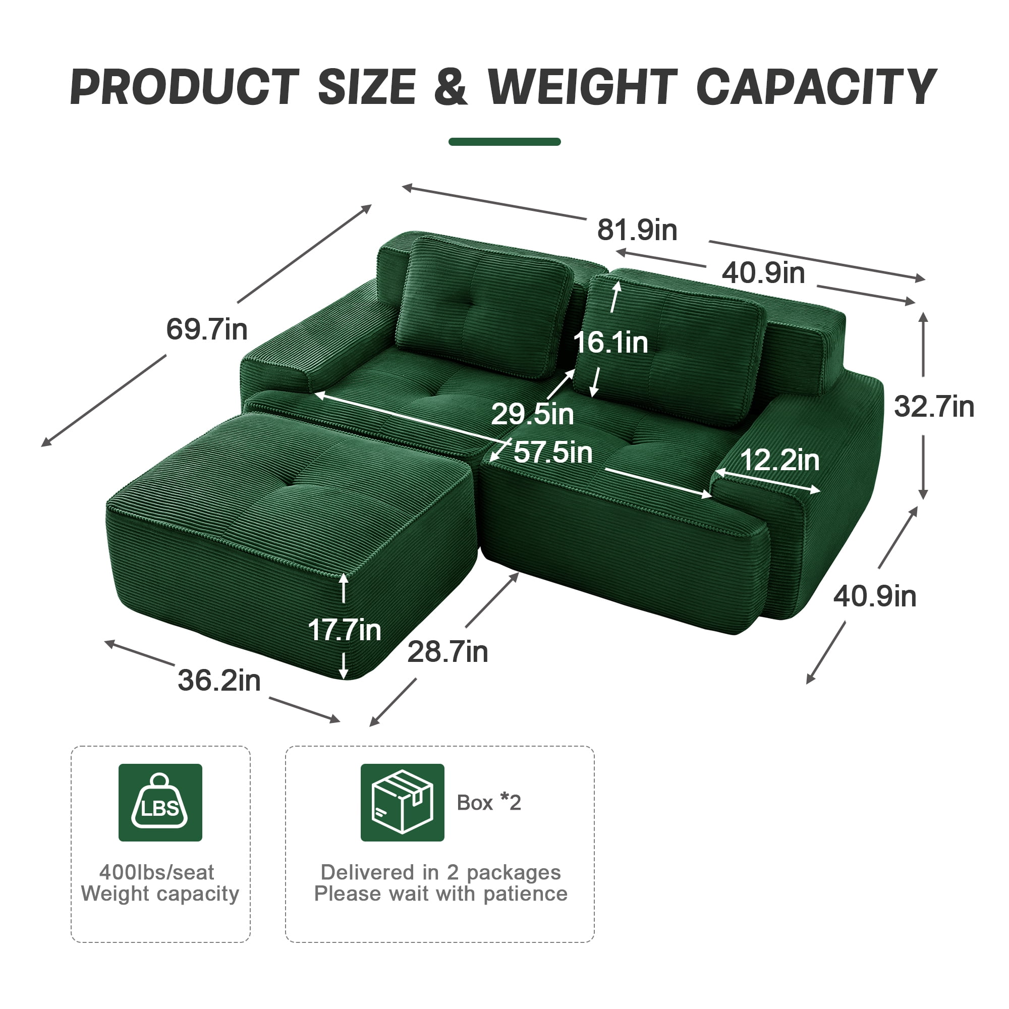 Yoneston 82" L-Shaped Modular Sectional Sofa 2 Seater Couch with Cushions and Ottoman, No Assembly Corduroy Loveseat Sofa for Living Room Bedroom Apartment, Green
