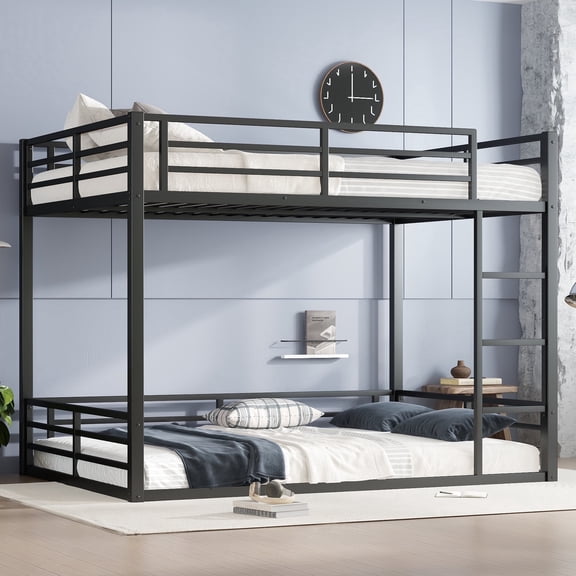 Morufur Queen over Queen Size Bunk Bed, Metal Low Profile Bunkbeds with Full-Length Guardrail and Ladder, Space Saving, No Boxing Spring Needed, Black