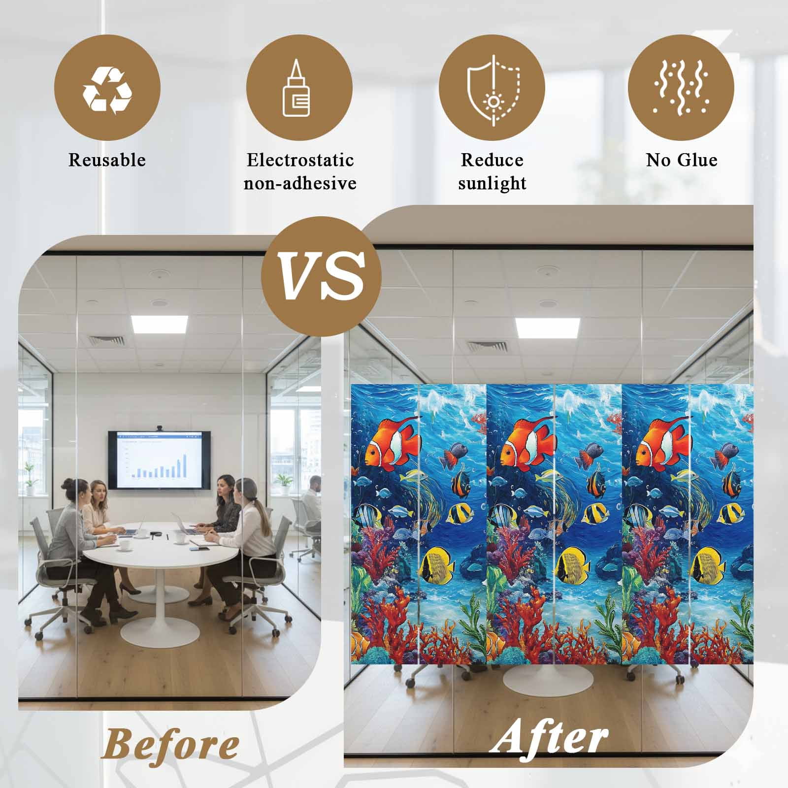Ocean Underwater Window Privacy Film World Tropical Fish Coral Color Marine Life Decorative Glass Window Film UV Blocking Static Cling Non-Adhesive Sticker Covering for Home Door 17.7 x 78.7 inches