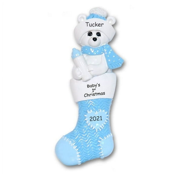 Baby's First Christmas - Polar Bear in Stocking Personalized Baby Ornament for Boy
