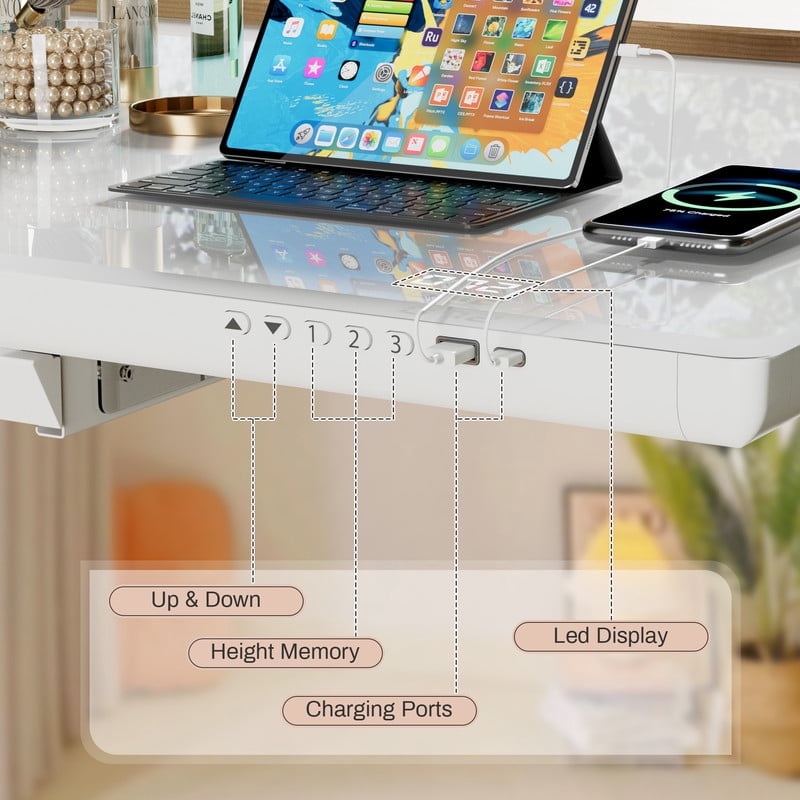 Homall 55" x 24" Glass Top Electric Standing Desk with Drawer, Height Adjustable Desk with Phone Stand & Charging Ports, Sit Stand up for Home Office,White