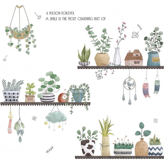 2 Set Plant Wall Decals Kitchen Stickers Decor Murals for Bedroom Living Room Bathroom Art Decal Boho Hanging Shelves Tree Wall Art 3D Peel and Stick