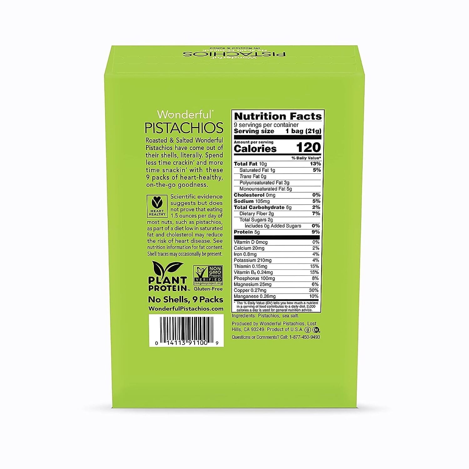 Wonderful Pistachios Roasted & Salted No Shells 0.75 oz. 9 Bags/Box 4 Boxes/Carton (PAR91100)