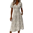 thumbnail image 3 of Summer Dresses for Women, V-Neck Short Sleeve Elastic Waist A-Line Casual Cocktail Dress Khaki 3XL, 3 of 4