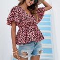 thumbnail image 4 of Mujer Manga Corta Top Cuello En V Estampado Floral Dobladillo Con Volantes Cintura Elástica Camiseta De Verano Rosa Profundo XS, 4 of 7