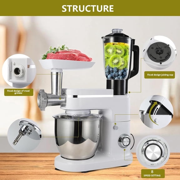 3-in-1 Stand Mixer with Meat Grinder & Blender, 6-Speed Electric Food Mixer for Kitchen