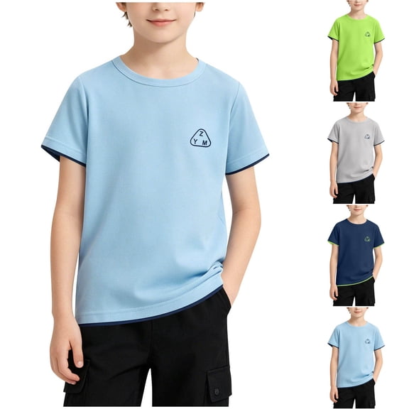 Eltusu Boys Athletic Shirts, Quick Dry Crewneck Sports Short Sleeve Mesh T-Shirts Blue Size 10-12 T