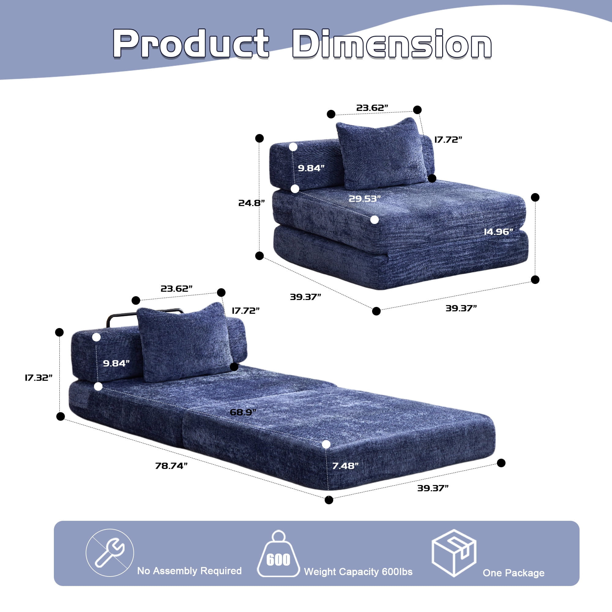 Miniyam Folding Sofa Bed, Convertible Sleeper Chair with Pillow Foldable Mattress with Back Support, Blue