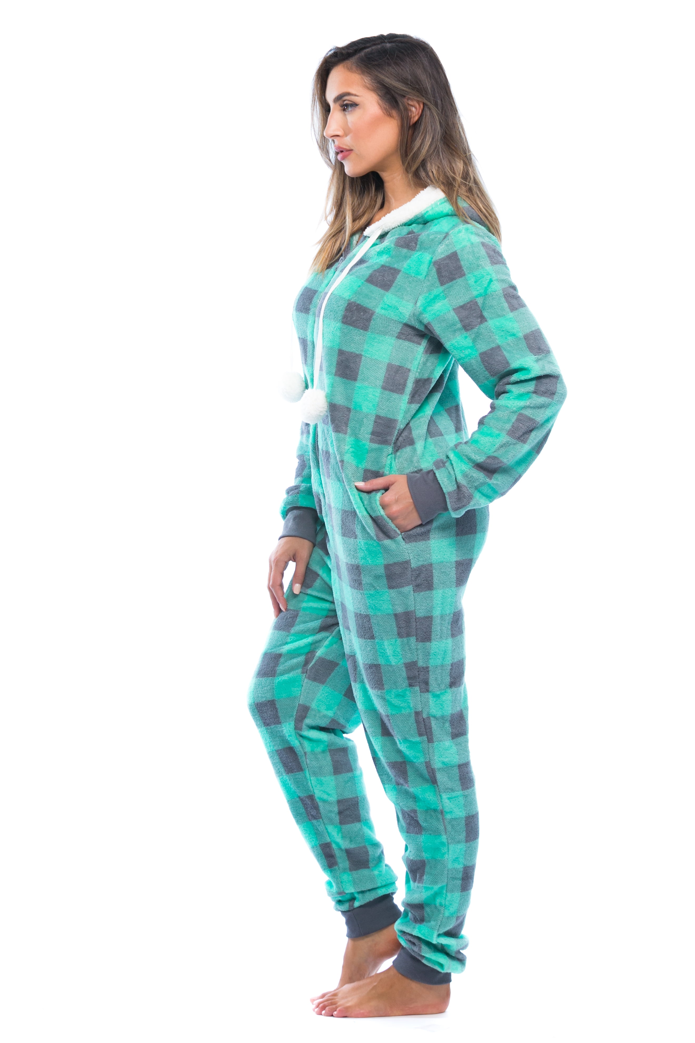 Just Love Buffalo Plaid Adult Onesie Sherpa Lined Hoody One Piece Pajamas (Mint Buffalo Plaid, Small)