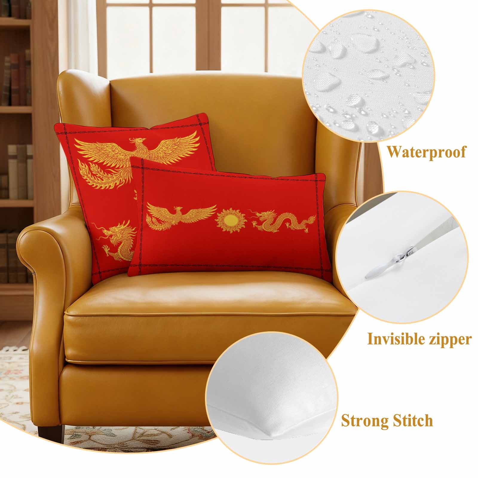 Chinese New Year Outdoor Waterproof Pillow Covers, Yellow Dragon Traditional Art Red Decorative Square Throw Pillowcase Sofa Cushion Sham for Patio/Couch/Chair, 18"x18" 2 Pack