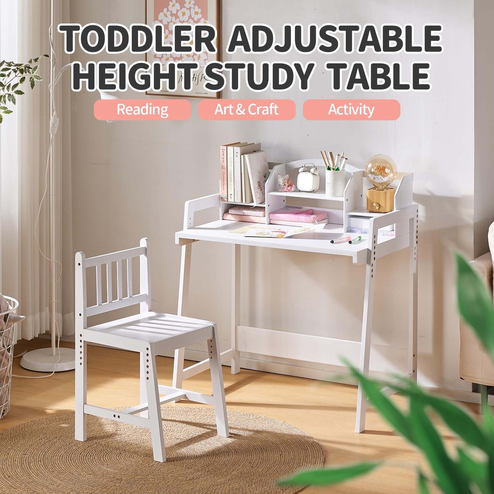 UNICOO® Height Adjustable Bamboo Kids Desk and Chair Set - Ergonomic Kid Desk and Chair Set for Study, Writing, and Homework - Durable and Eco-Friendly Kids' Desks for Home and School (White 01)