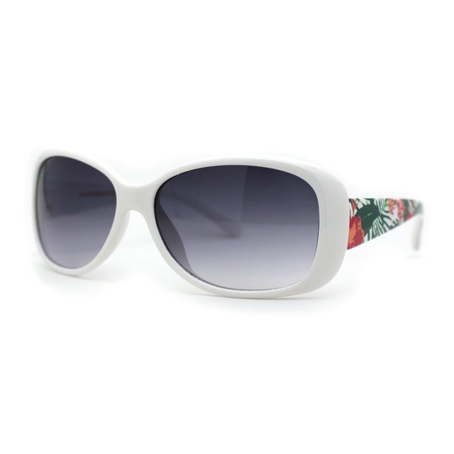 Kids Size Girls Classic 90s Designer Style Wrap Rounded Rectangle Sunglasses White Green Flower Arm