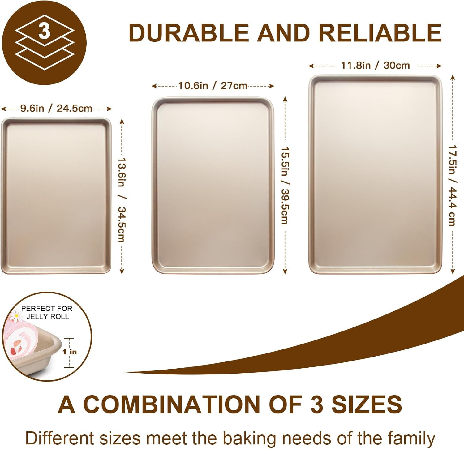 Baking Sheet Pan Set of 3 Commercial Cookie Sheets for Baking Nonstick Half/Quarter/Jelly Roll Pans Replacement Toaster Oven Tray Heavy Duty & Easy Clean Champagne Gold