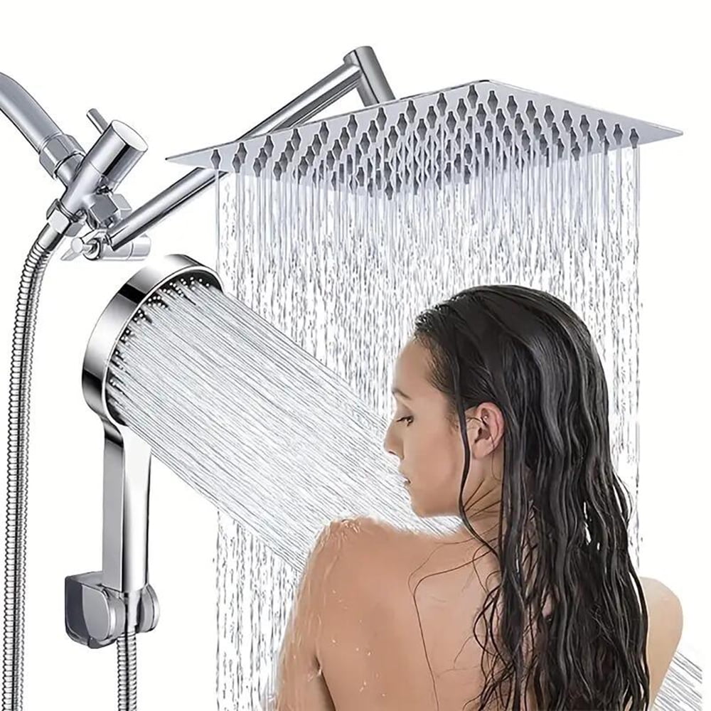 Shower Head Combo 12Inch High Pressure Rain Shower Head with 11 Inch Adjustable Extension Arm and 3 Settings Handheld Shower Head Combo with Long Hose