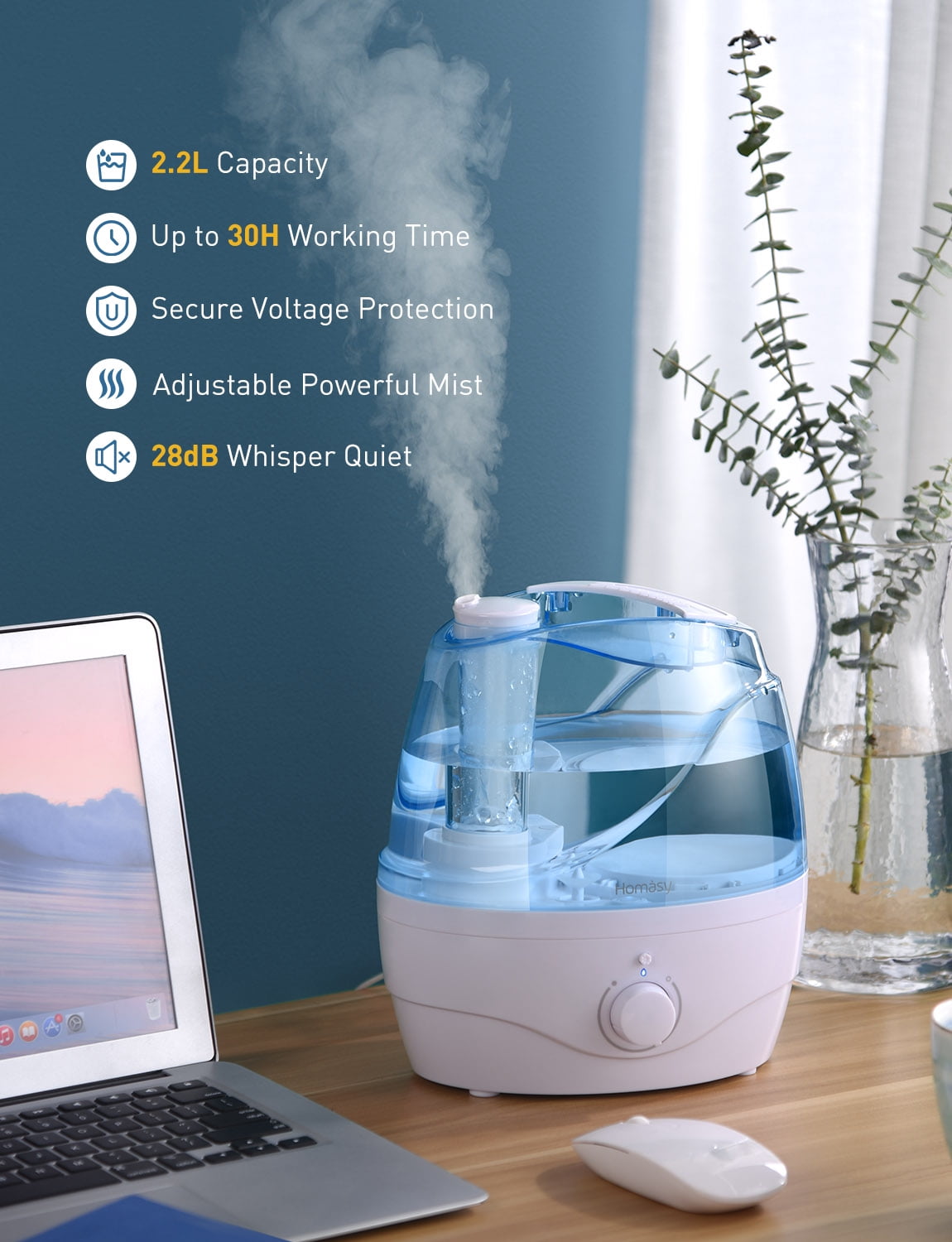 Auto Shut-Off- Lasts Up to 24 Hours 2.2L Cool Mist Ultrasonic Humidifiers for Large Bedroom Baby Homasy Victsing Upgraded Humidifier Home Premium Air Humidifying Vaporizer for Whisper-Quiet 