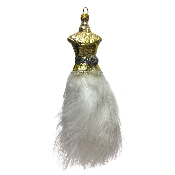 Gold Dress with White Feathers Polish Glass Christmas Tree Ornament Fashion