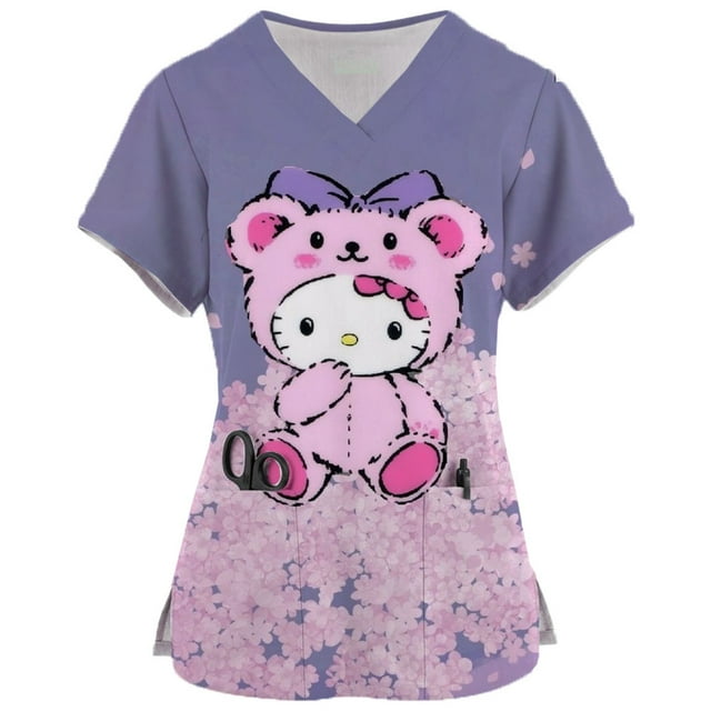 Scrub Top Women Short Sleeve V-neck Tops Nurse Uniform Hello Kitty Print Working Blouse Ladies T-shirts uniforme enfermera mujer