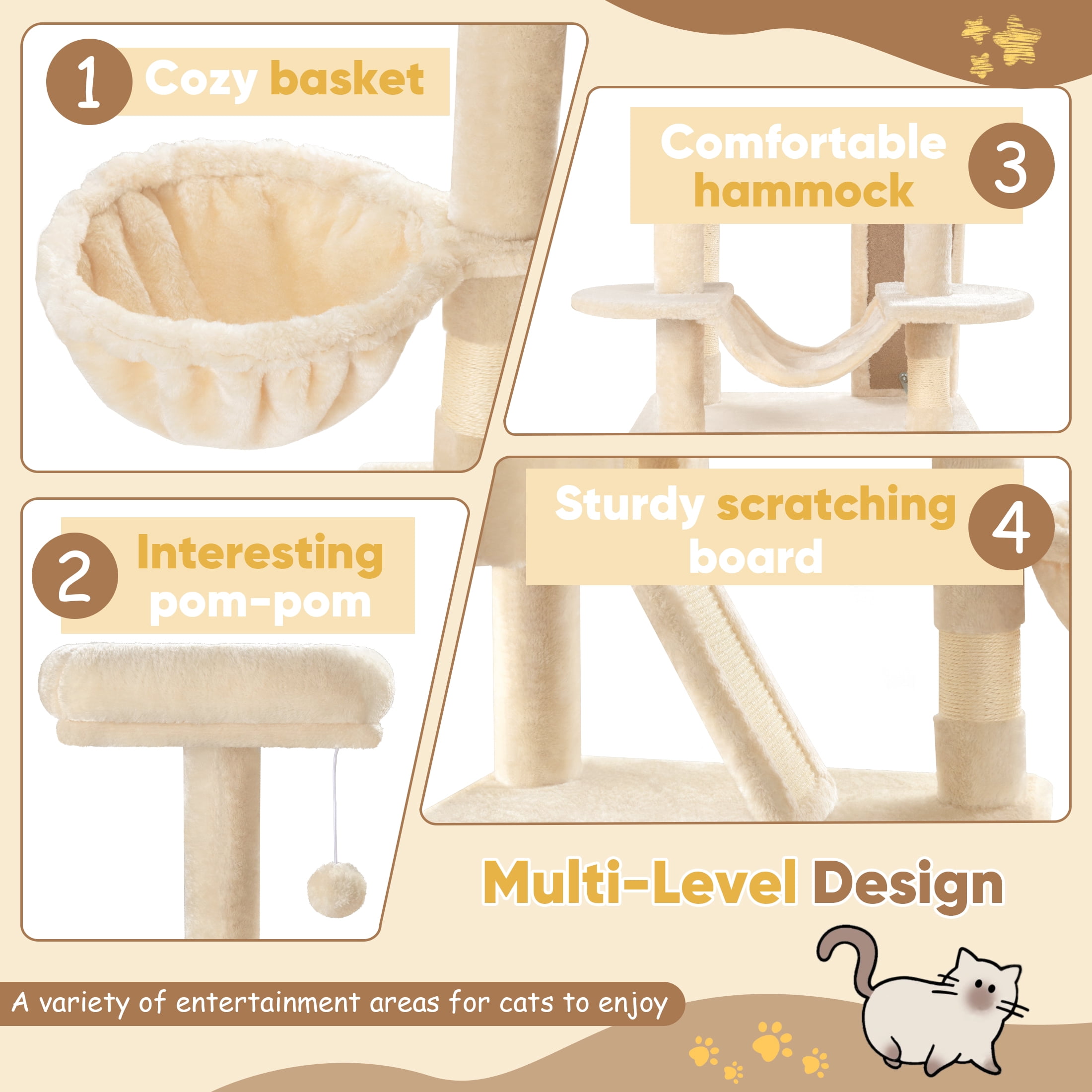 Einfach 65.7" Large Cat Tree and Tower for Cats, Condo House with Hammock, 2 Scratching Boards & 5 Scratching Posts, Beige