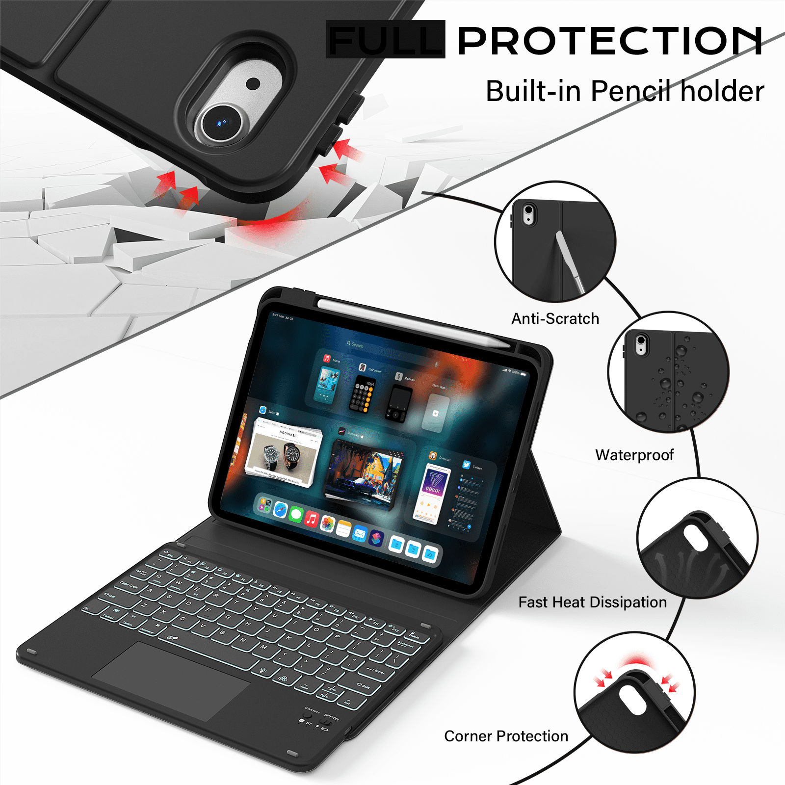 Kenke Keyboard Case Compatible for iPad (A16) 11/10th Generation 11/10.9 inch 2025/2020, Folio Cover with Pencil Holder, Multi-Touch Trackpad, 7 Color Backlit, Detachable Bluetooth Keyboard, Balck