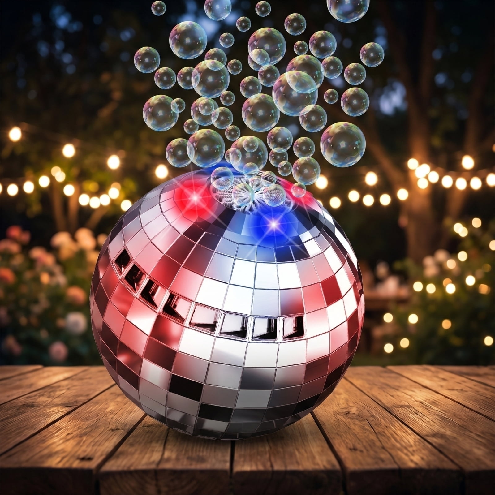 Disco Ball Bubble Machine with LED Lights Automatic Bubble Blower for Parties Outdoor Events and Celebration Decorations Includes 50ml Bubble Solution (Silver)
