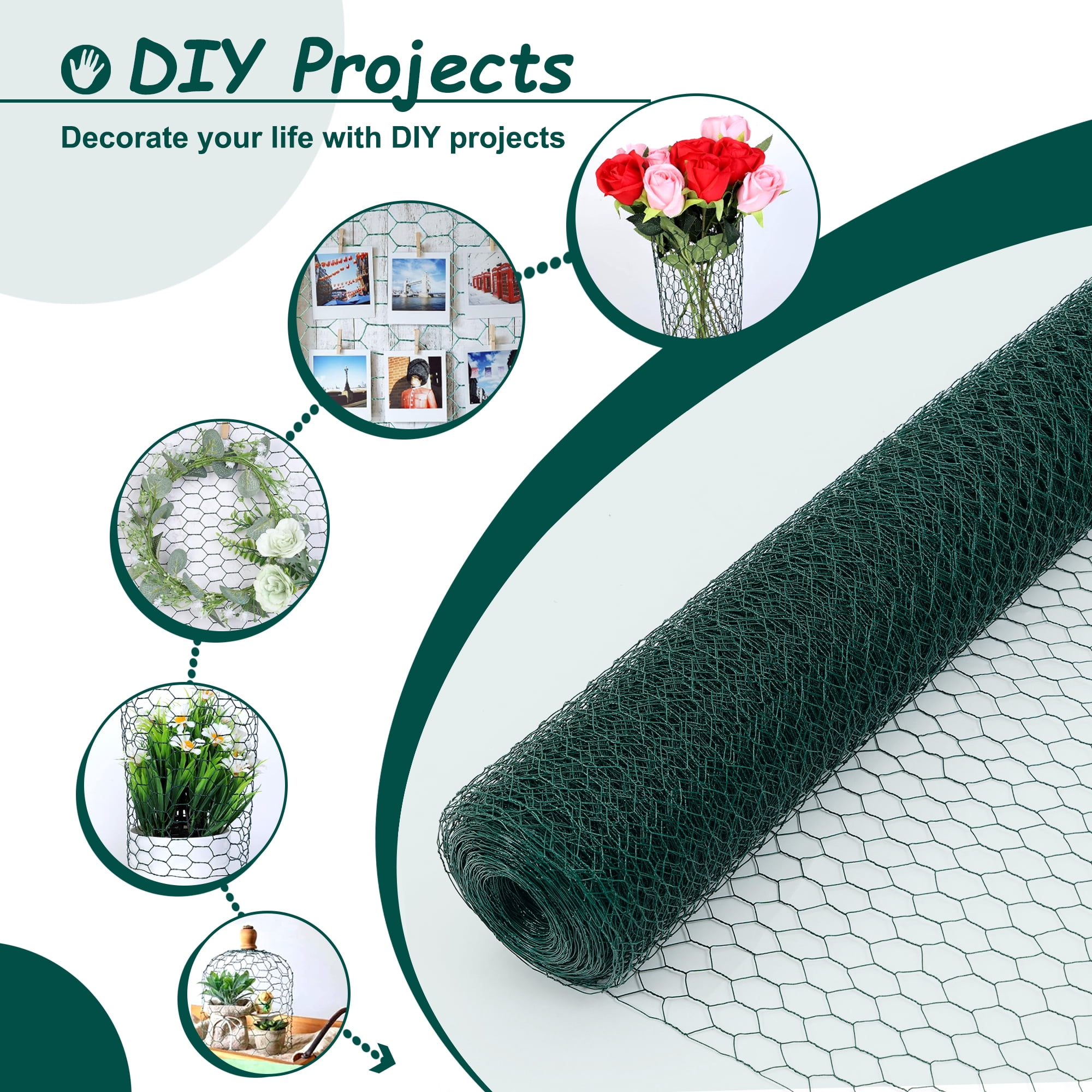 60M Galvanized Hexagonal Chicken Wire, Dark Green Anti-Rust Poultry Netting, Outdoor Garden Fence for Chicken Coop & Plant Protection