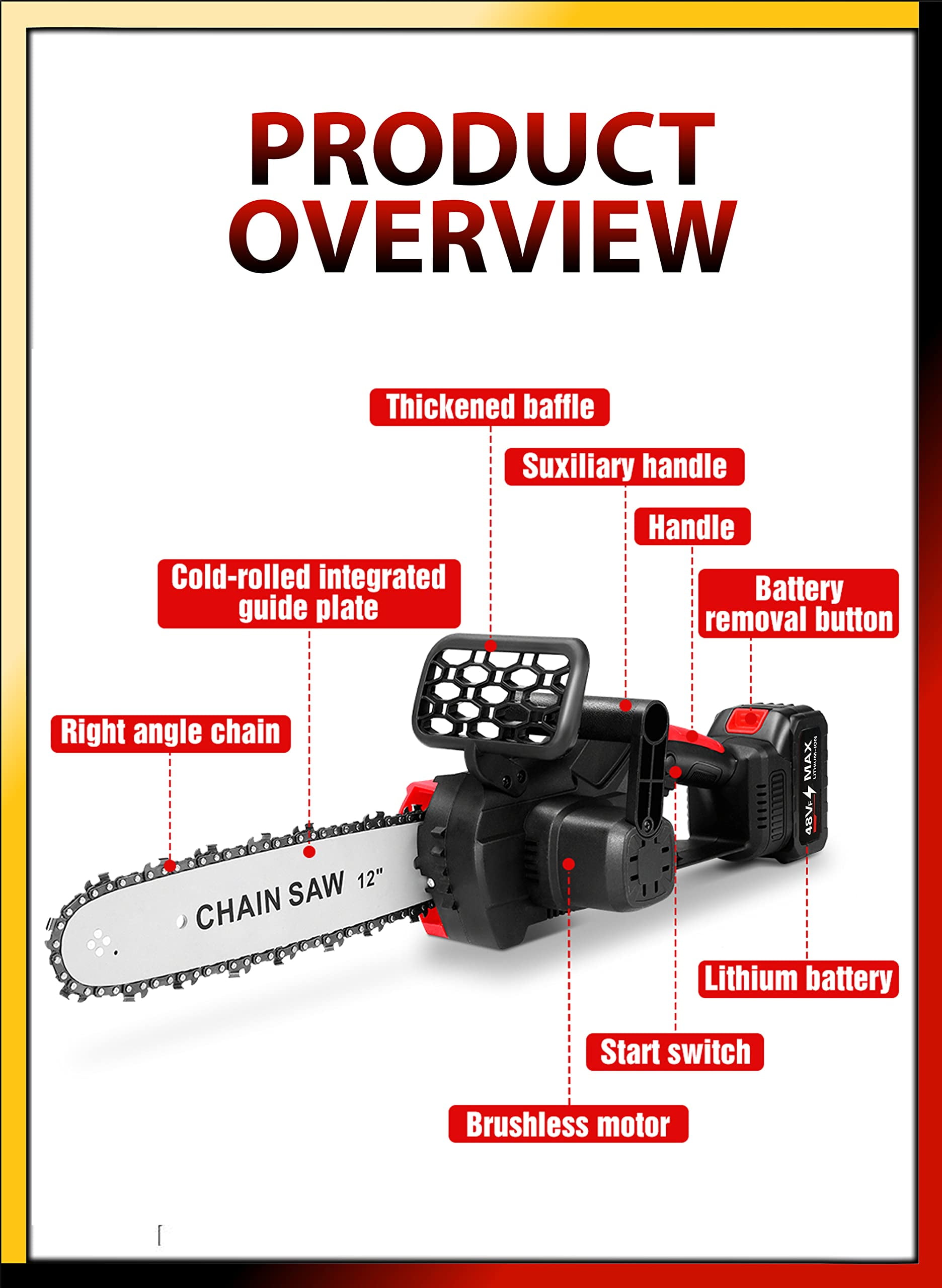 12-Inch Cordless Electric Chainsaw, 1300W Brushless Motor, 24V 3000mAh Battery, Lightweight & Powerful for Wood Cutting, Residential and Commercial Use