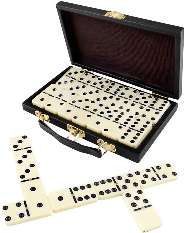 ZOOCEN Classic 28 Pieces Blue Double Six Domino Set with Spinner in Leather case 