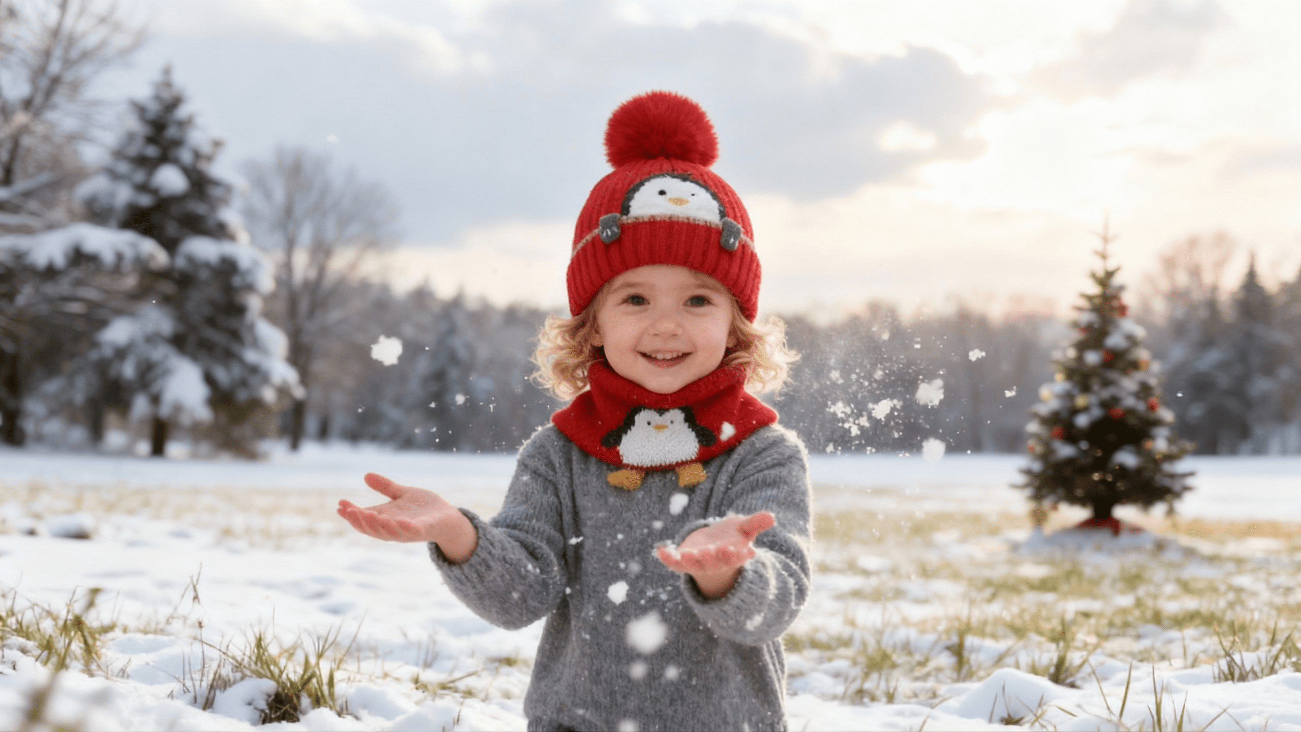 Baby Kids Winter Warm Hats, Infant Toddler Children Pom Pom Beanie Knit Cap Girls Boys-2 piece