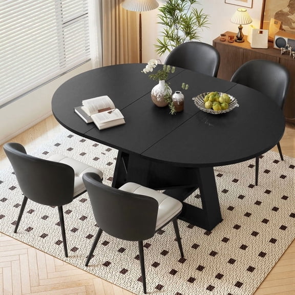 Hawsaiy Extendable Round to Oval Dining Table Set for 4, Space-Saving Wooden Table with Hidden Storage, Expandable Dining Table with Faux Leather Chairs(Black Table 4 Black Chairs)