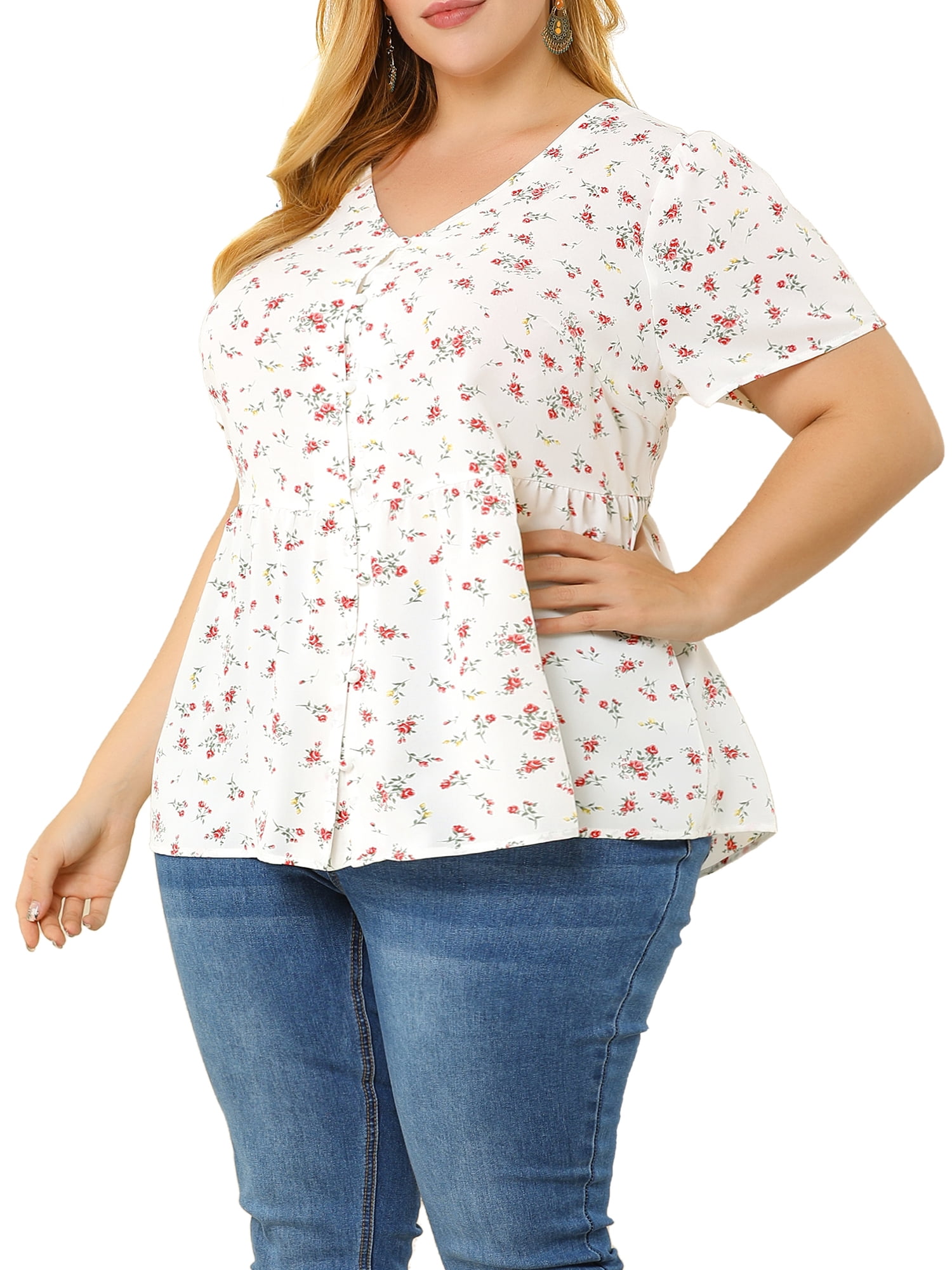 Unique Bargains Juniors' Plus Size V Neck Ruffle Hem Cinched Waist Floral Peplum Top 2X White